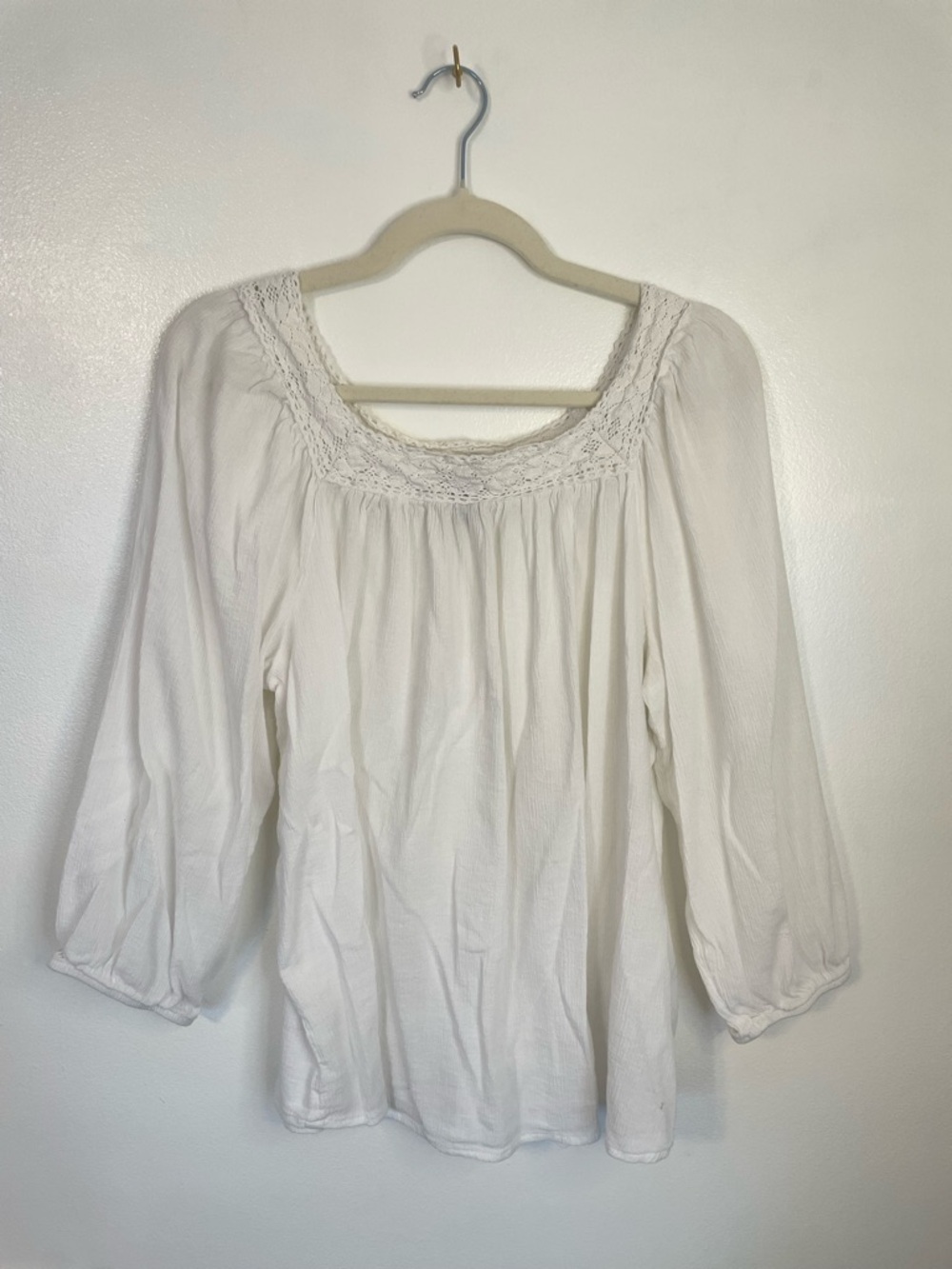 Chaps white flowy blouse with lace crochet square neck quarter sleeve size large